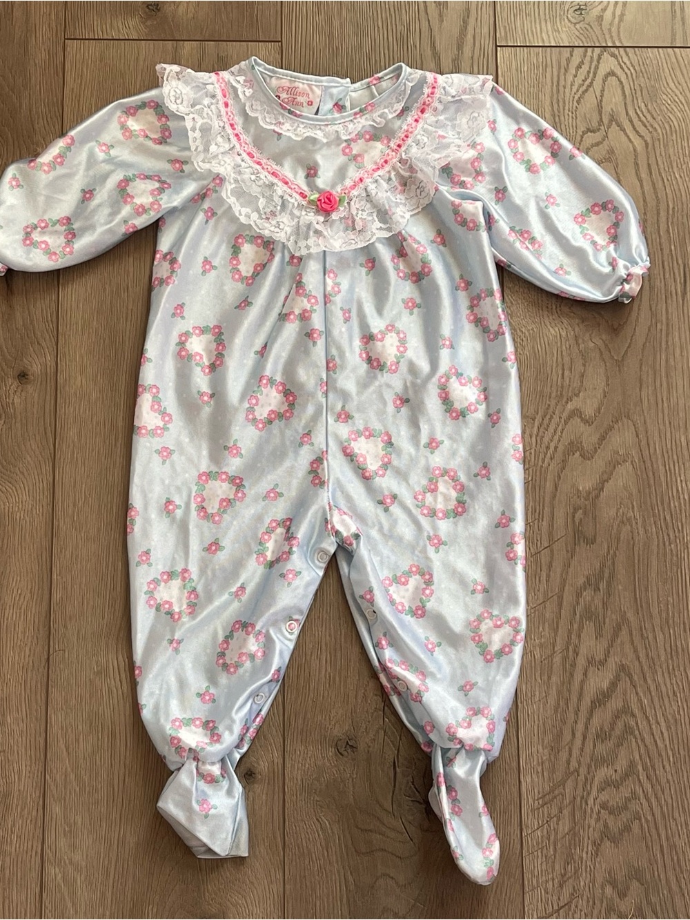 Vintage Allison Ann Floral Hearts Lace Rosette 18m Baby Girl Footie Coverall